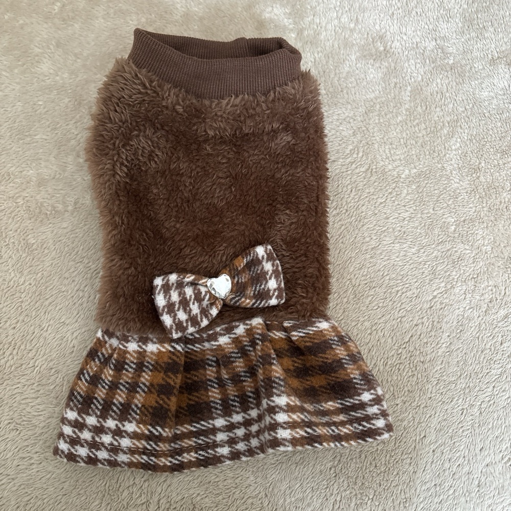 Brown Faux Fur Plaid Dog Sweater Dress with Bow
